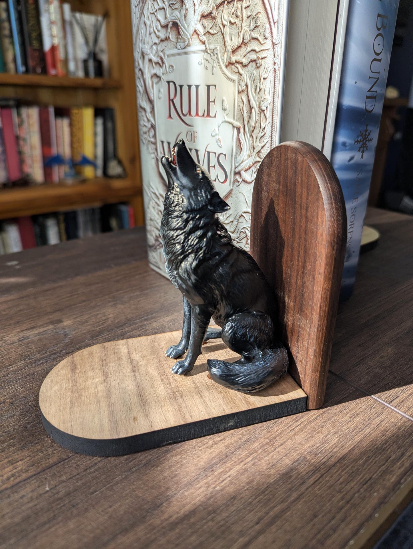 Howling Wolf Bookends | Resin Wolf Figures on Black Walnut Wood Bases | Direbound book ends