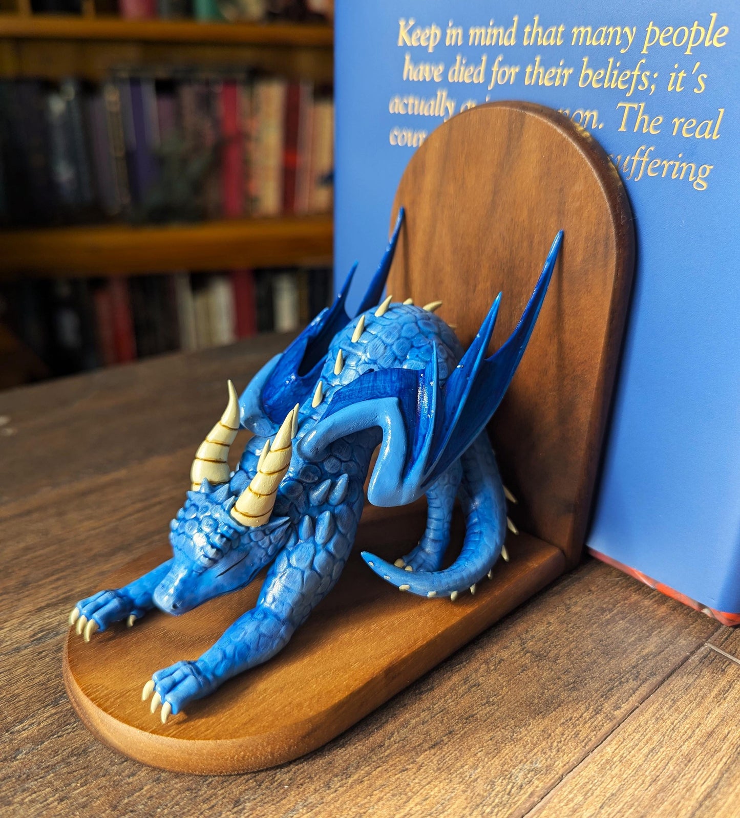 BLUE Dragon Bookends | Cute Stretching Dragon Figures on Black Walnut Wood Bases | Fantasy Book Ends for Shelves & Book Lovers