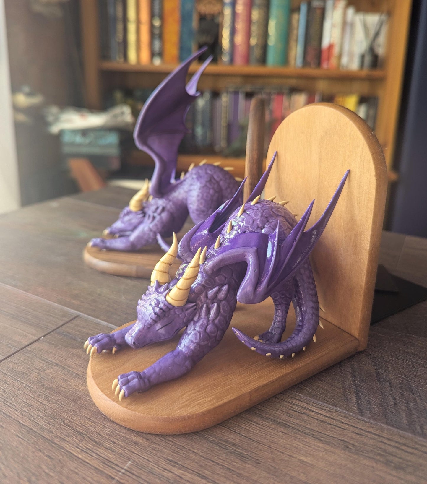 PURPLE Dragon Bookends | Cute Stretching Dragon Figures on Black Walnut Wood Bases | Fantasy Book Ends for Shelves & Book Lovers