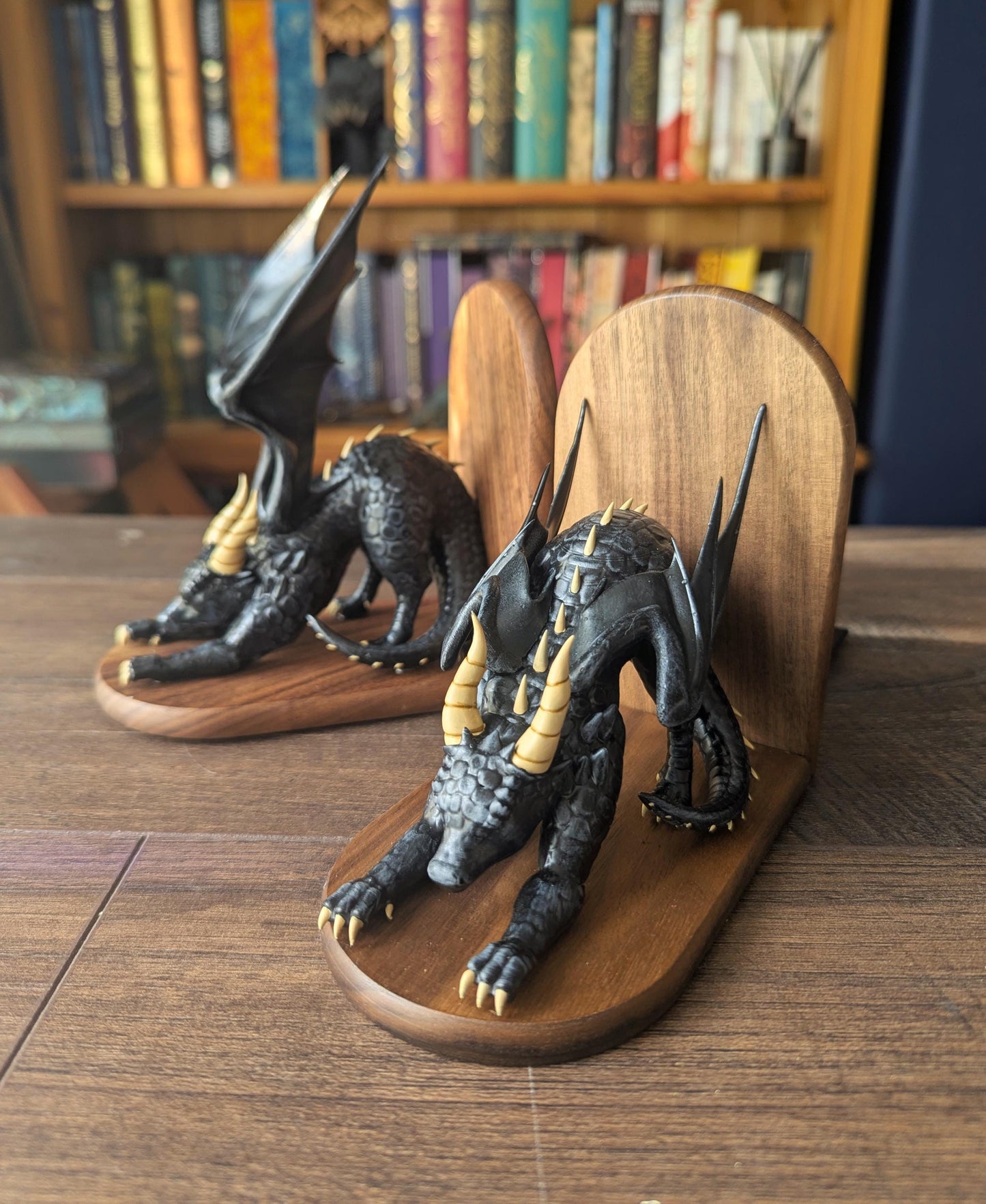 BLACK Dragon Bookends | Cute Stretching Dragon Figures on Black Walnut Wood Bases | Fantasy Book Ends for Shelves & Book Lovers