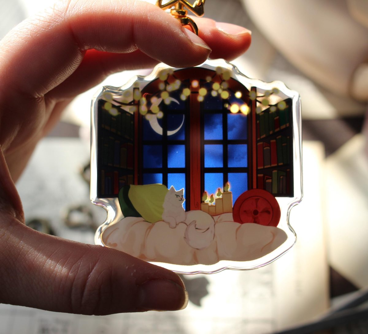 cozy romance window acrylic stained glass keychain, cat lover keyring