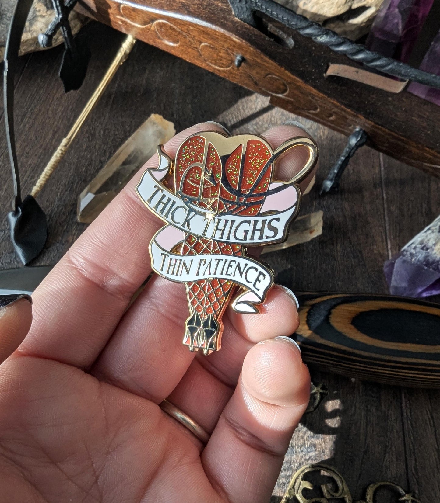 Thick thighs, thin patience feminine rage enamel pin