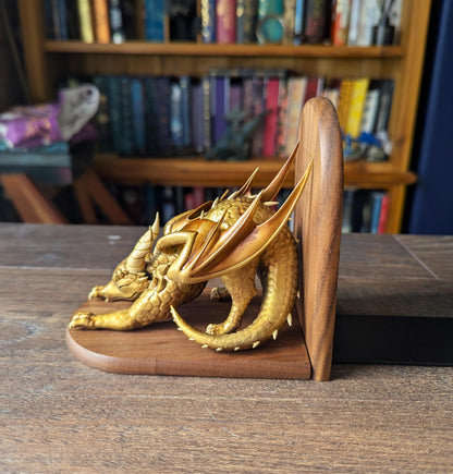 GOLD Dragon Bookends | Cute Stretching Dragon Figures on Black Walnut Wood Bases | Fantasy Book Ends for Shelves & Book Lovers