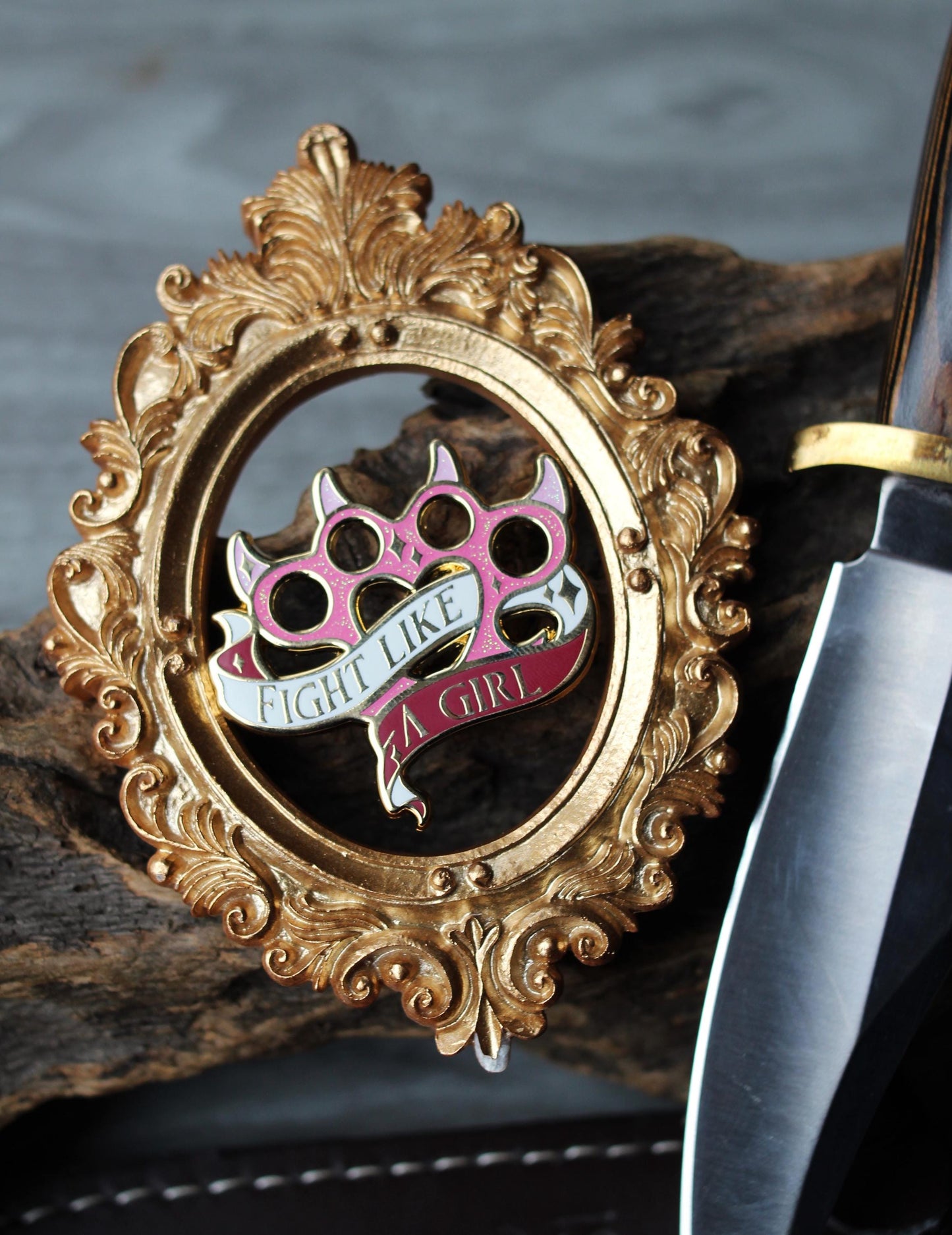 Feminist knuckleduster feminine rage enamel pin