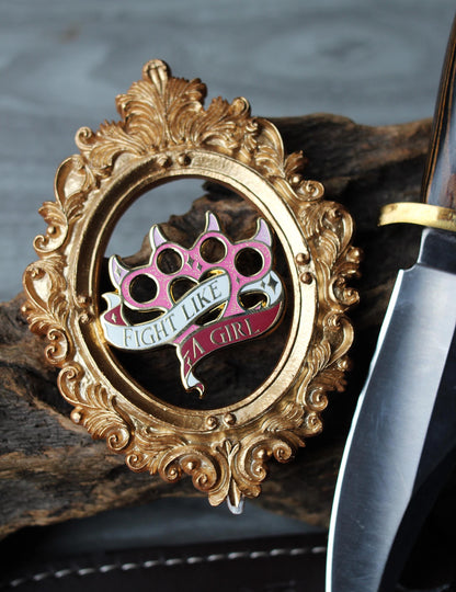 Feminist knuckleduster feminine rage enamel pin