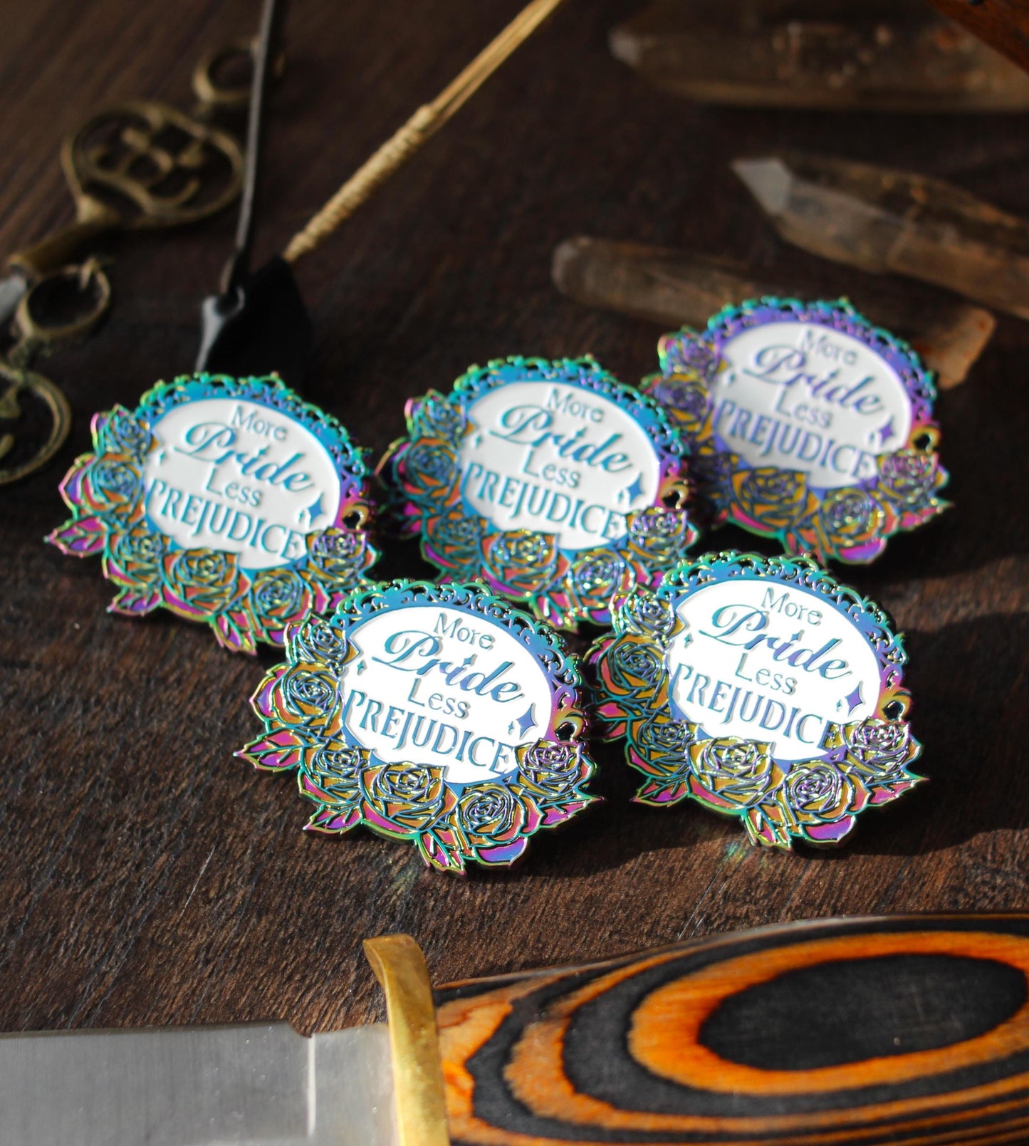 More pride less prejudice feminine rage enamel pin