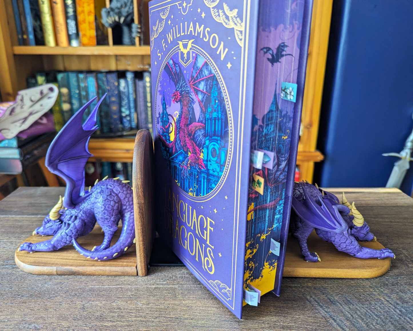 PURPLE Dragon Bookends | Cute Stretching Dragon Figures on Black Walnut Wood Bases | Fantasy Book Ends for Shelves & Book Lovers