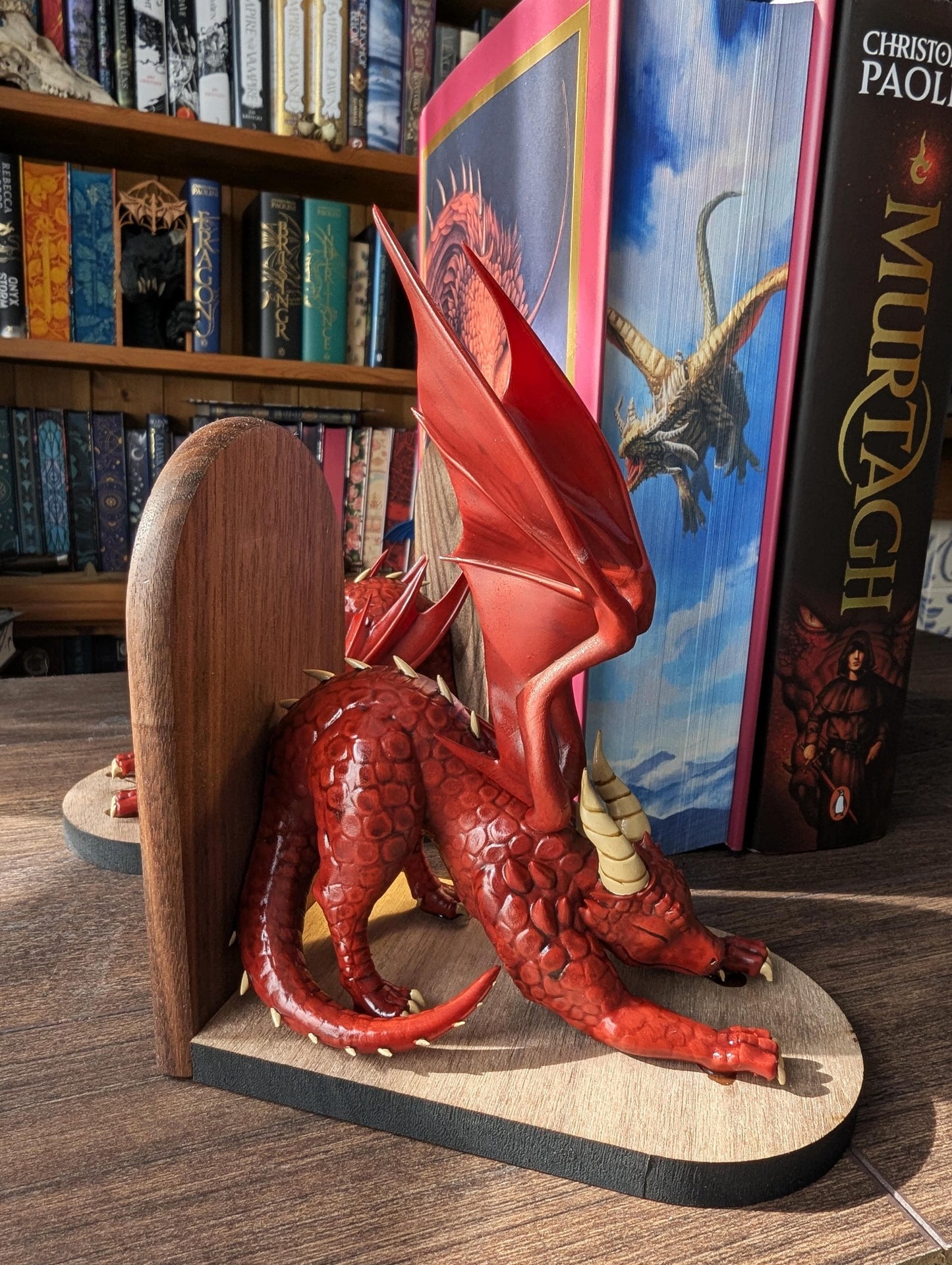 RED Dragon Bookends | Cute Stretching Dragon Figures on Black Walnut Wood Bases | Fantasy Book Ends for Shelves & Book Lovers