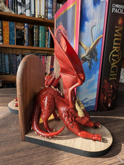 RED Dragon Bookends | Cute Stretching Dragon Figures on Black Walnut Wood Bases | Fantasy Book Ends for Shelves & Book Lovers