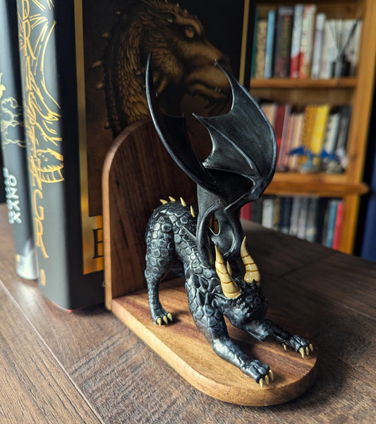 BLACK Dragon Bookends | Cute Stretching Dragon Figures on Black Walnut Wood Bases | Fantasy Book Ends for Shelves & Book Lovers