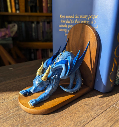 BLUE  Dragon Bookends | Cute Stretching Dragon Figures on Black Walnut Wood Bases | Fantasy Book Ends for Shelves & Book Lovers