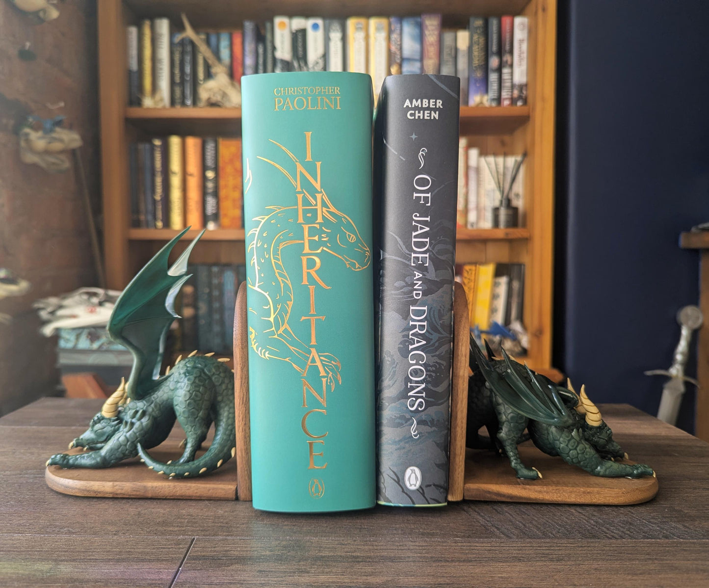 GREEN Dragon Bookends | Cute Stretching Dragon Figures on Black Walnut Wood Bases | Fantasy Book Ends for Shelves & Book Lovers