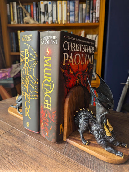 BLACK Dragon Bookends | Cute Stretching Dragon Figures on Black Walnut Wood Bases | Fantasy Book Ends for Shelves & Book Lovers