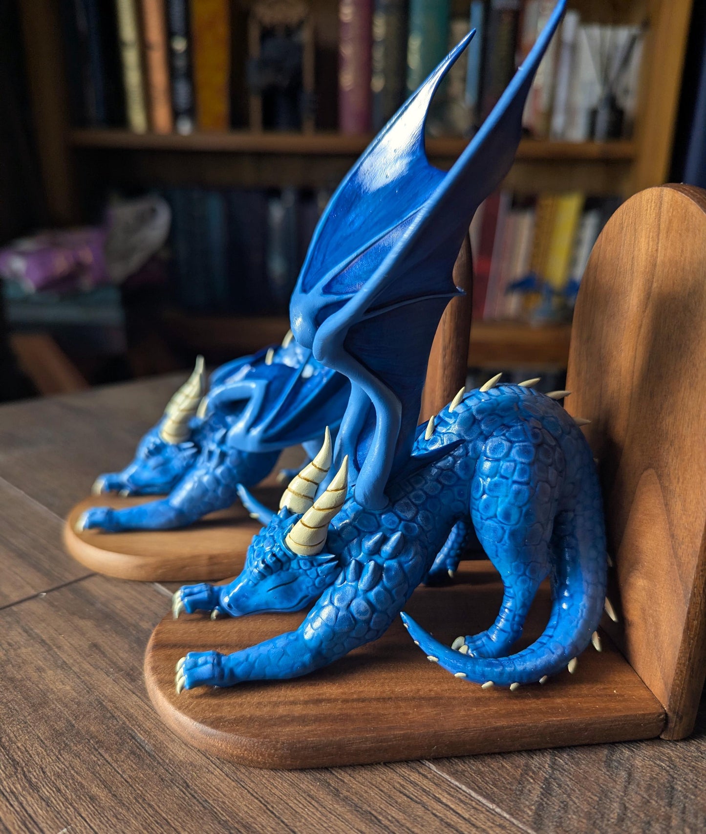 BLUE  Dragon Bookends | Cute Stretching Dragon Figures on Black Walnut Wood Bases | Fantasy Book Ends for Shelves & Book Lovers