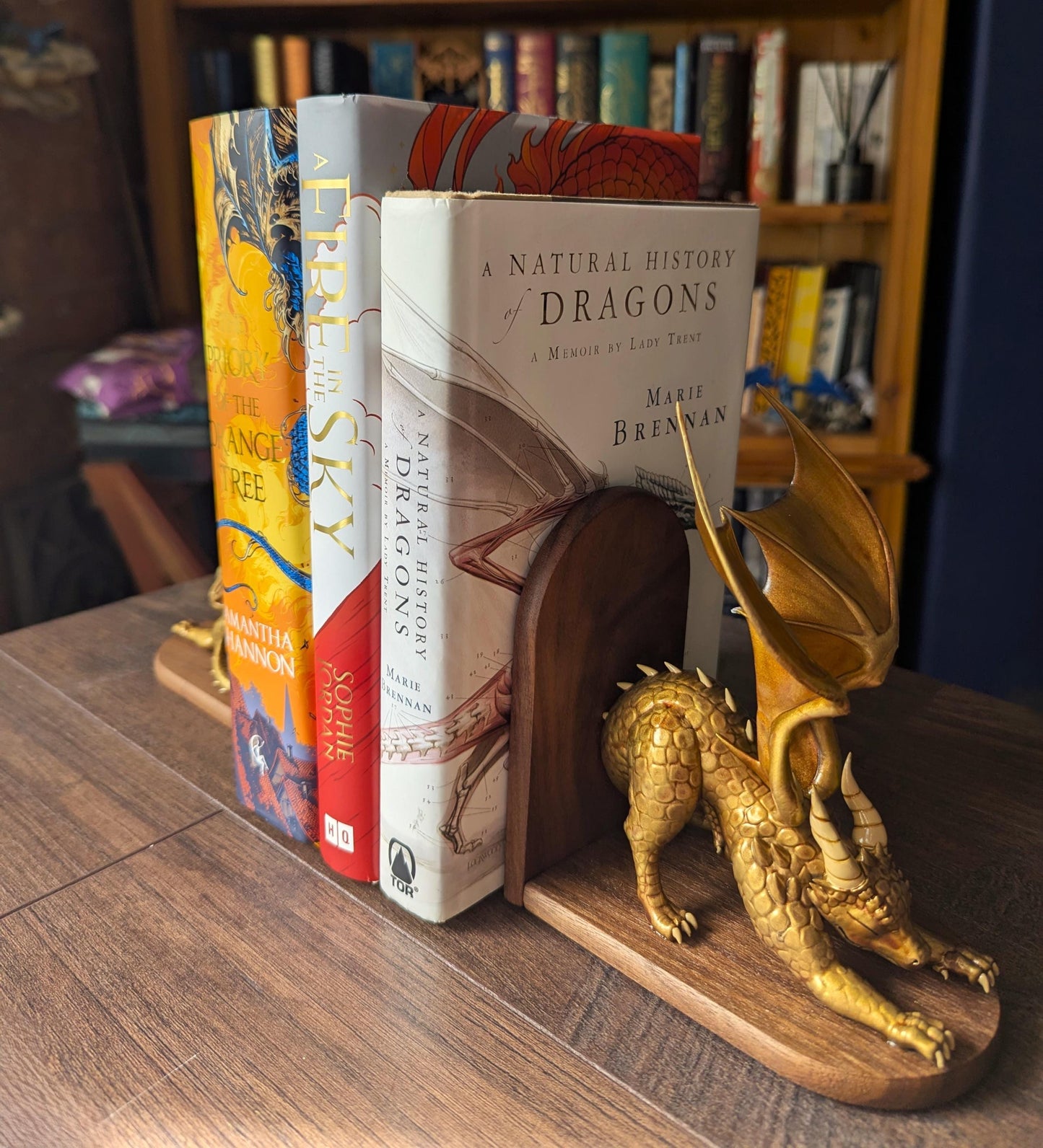 GOLD Dragon Bookends | Cute Stretching Dragon Figures on Black Walnut Wood Bases | Fantasy Book Ends for Shelves & Book Lovers