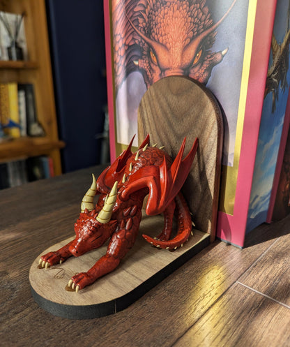 RED Dragon Bookends | Cute Stretching Dragon Figures on Black Walnut Wood Bases | Fantasy Book Ends for Shelves & Book Lovers