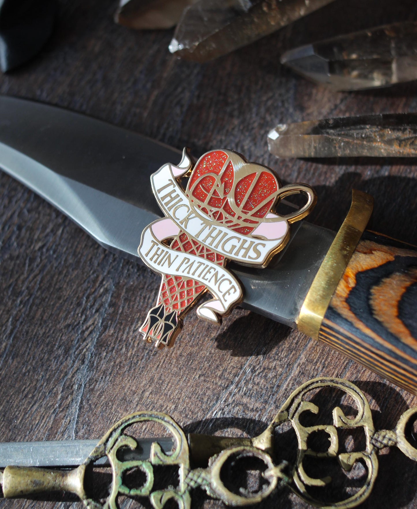 Thick thighs, thin patience feminine rage enamel pin