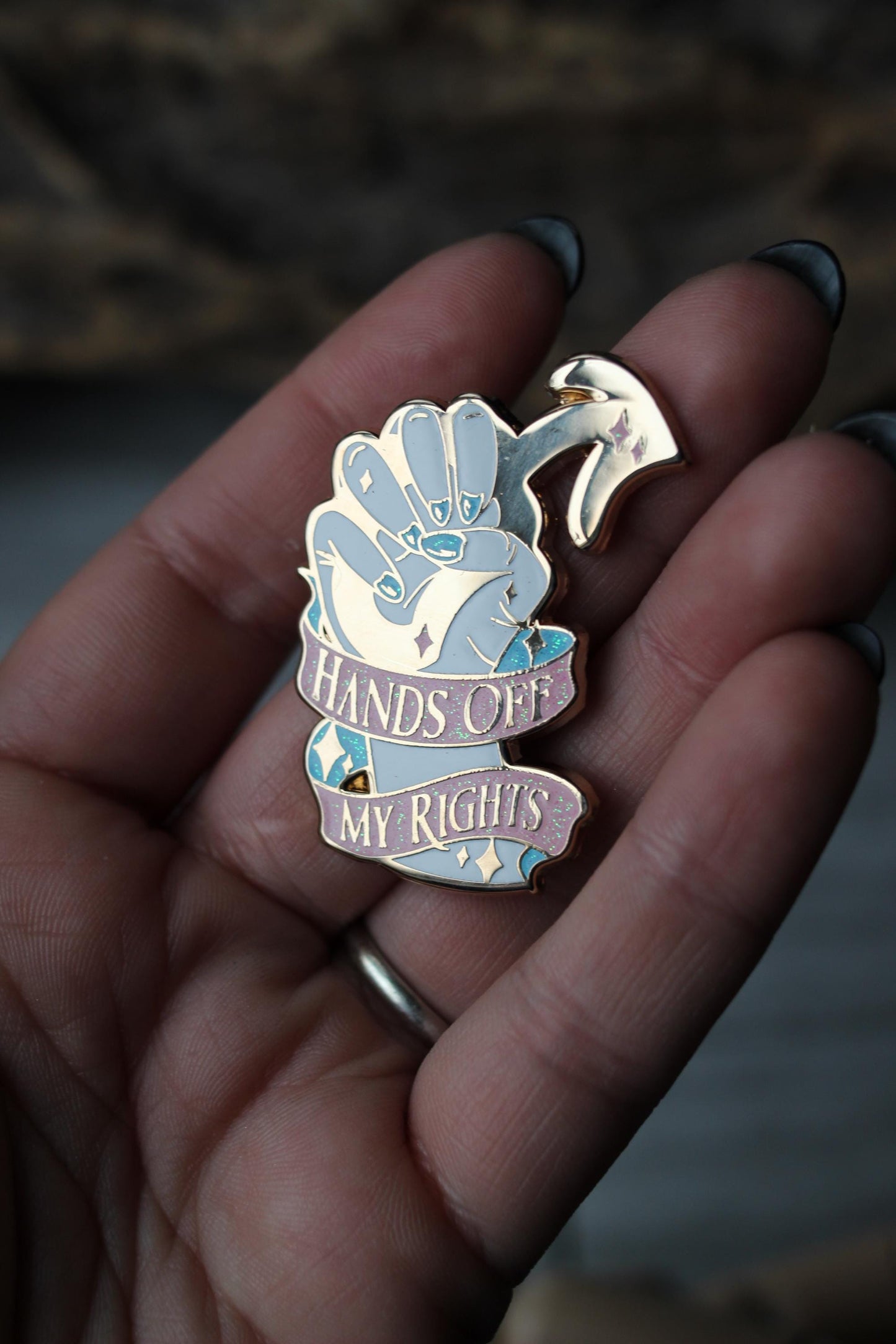 Hands off my rights feminine rage enamel pin