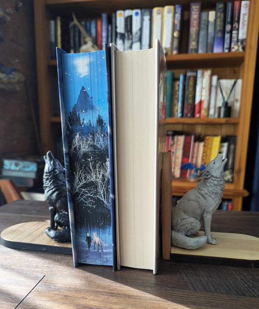 Howling Wolf Bookends | Resin Wolf Figures on Black Walnut Wood Bases | Direbound book ends