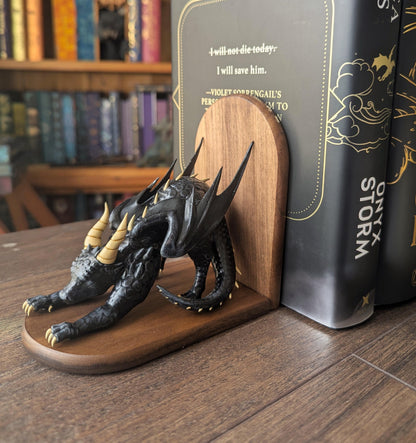 BLACK Dragon Bookends | Cute Stretching Dragon Figures on Black Walnut Wood Bases | Fantasy Book Ends for Shelves & Book Lovers