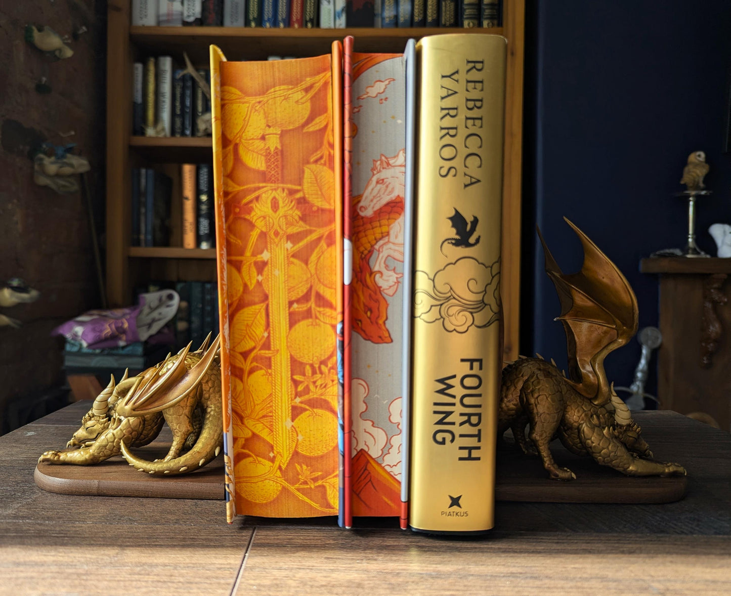 GOLD Dragon Bookends | Cute Stretching Dragon Figures on Black Walnut Wood Bases | Fantasy Book Ends for Shelves & Book Lovers