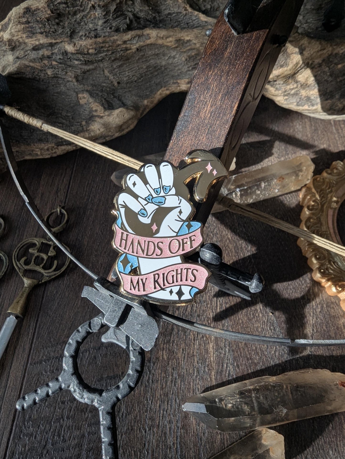 Hands off my rights feminine rage enamel pin