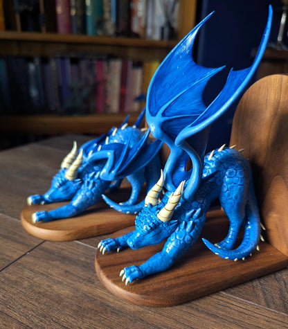BLUE  Dragon Bookends | Cute Stretching Dragon Figures on Black Walnut Wood Bases | Fantasy Book Ends for Shelves & Book Lovers