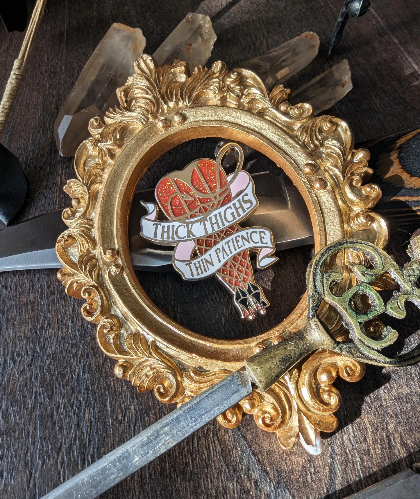 Thick thighs, thin patience feminine rage enamel pin