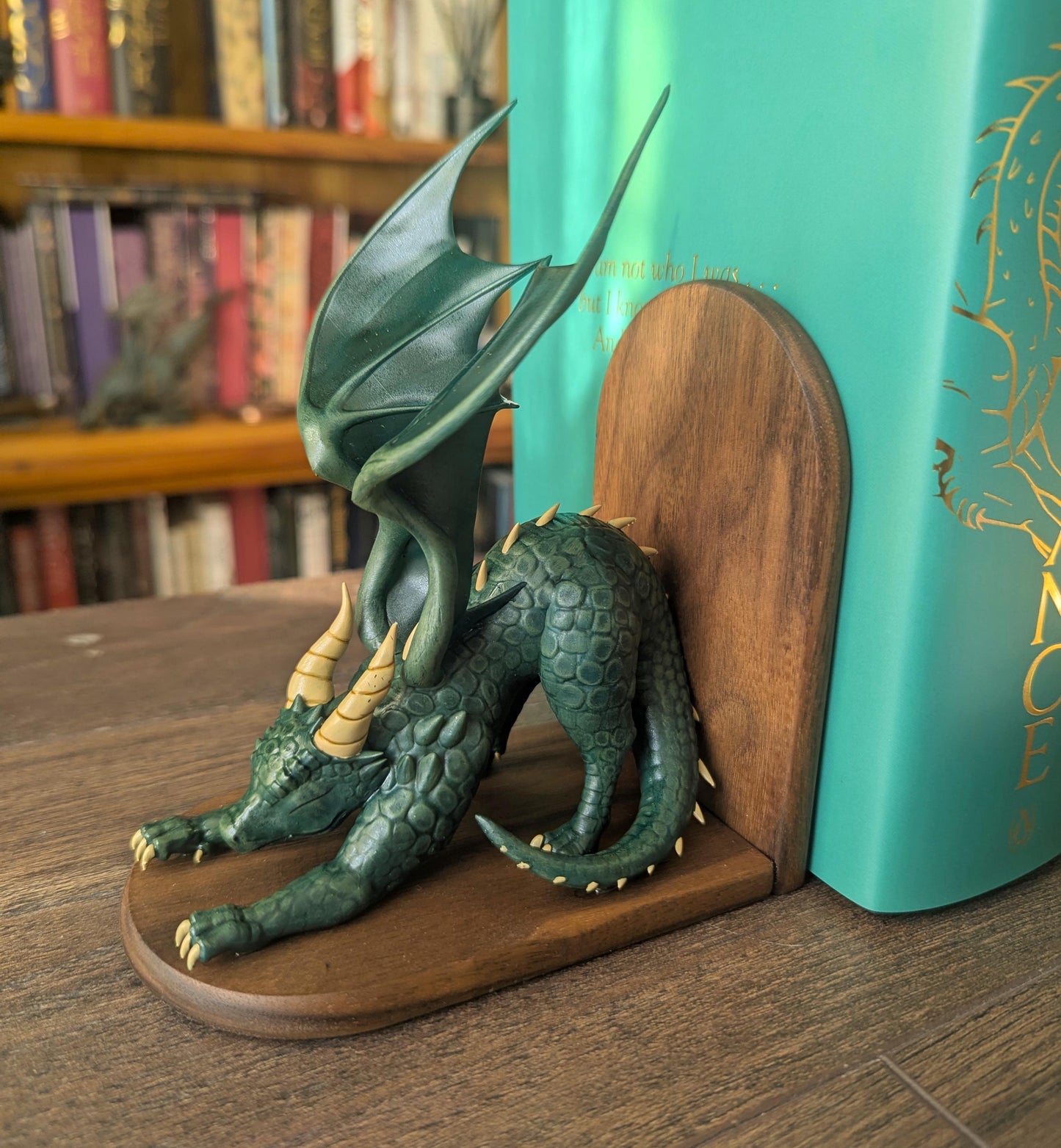GREEN Dragon Bookends | Cute Stretching Dragon Figures on Black Walnut Wood Bases | Fantasy Book Ends for Shelves & Book Lovers