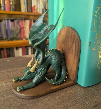 GREEN Dragon Bookends | Cute Stretching Dragon Figures on Black Walnut Wood Bases | Fantasy Book Ends for Shelves & Book Lovers