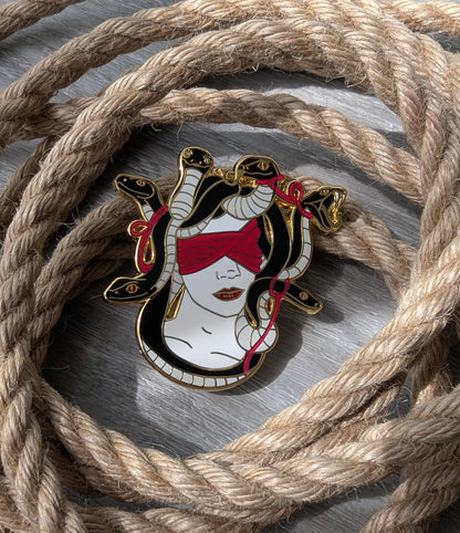 Medusas gaze Shibari enamel pin, rope label badge