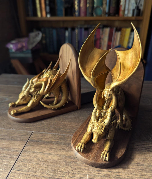 GOLD Dragon Bookends | Cute Stretching Dragon Figures on Black Walnut Wood Bases | Fantasy Book Ends for Shelves & Book Lovers