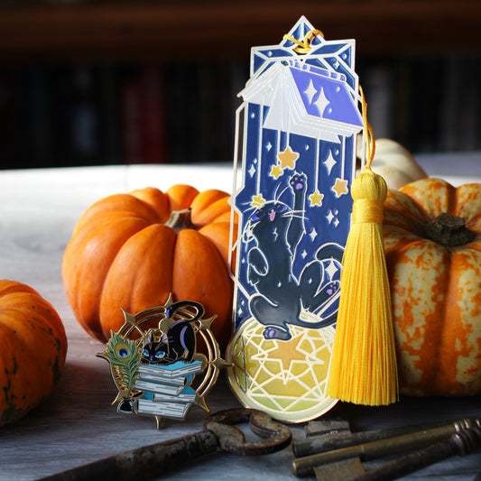 Reach for the Stars- Felines and Folios cat lover metal bookmark with tassel