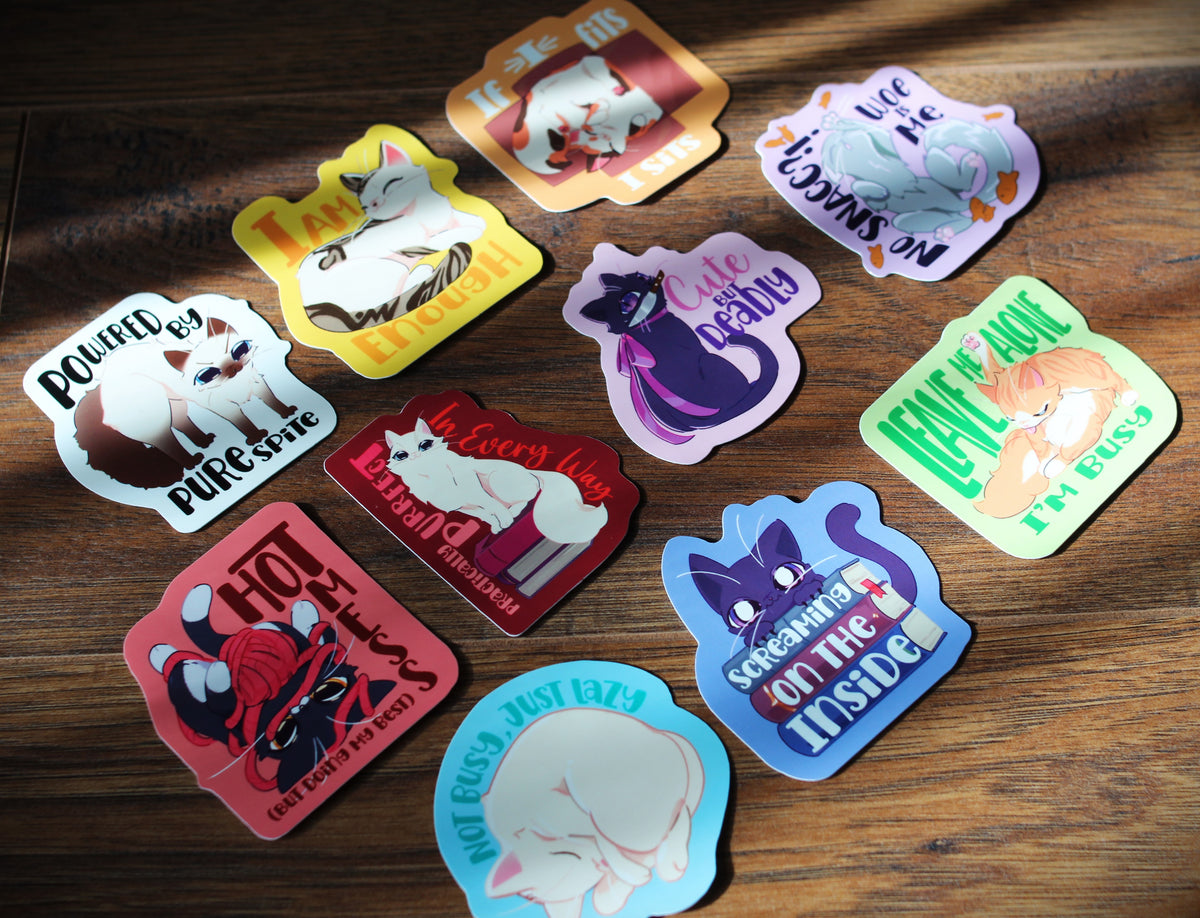 Woe is me- Felines and Folios collection sticker