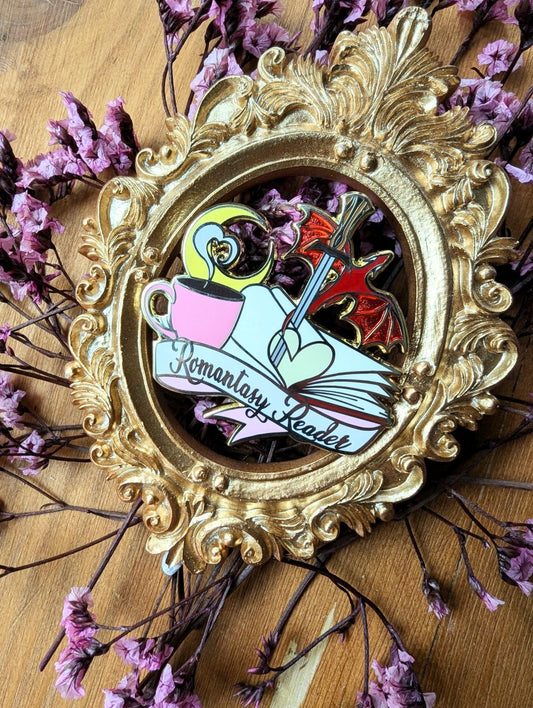 romantasy reader enamel pin