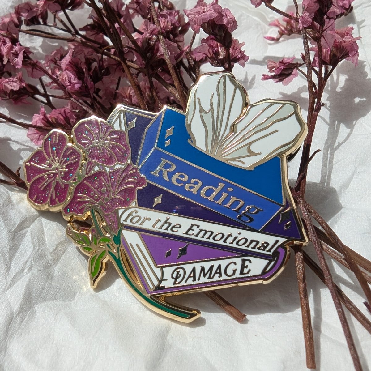 reading for the emotional damage enamel pin