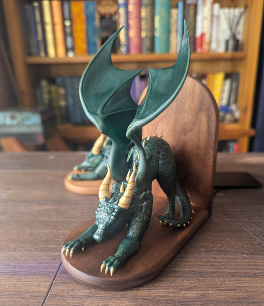 GREEN Dragon Bookends | Cute Stretching Dragon Figures on Black Walnut Wood Bases | Fantasy Book Ends for Shelves & Book Lovers