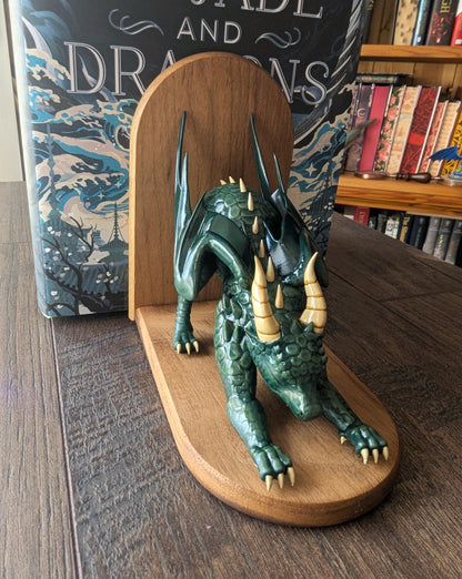 GREEN Dragon Bookends | Cute Stretching Dragon Figures on Black Walnut Wood Bases | Fantasy Book Ends for Shelves & Book Lovers