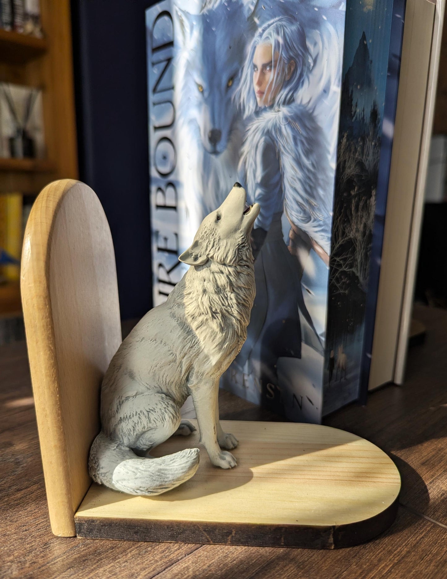 Howling Wolf Bookends | Resin Wolf Figures on Black Walnut Wood Bases | Direbound book ends