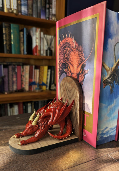 RED Dragon Bookends | Cute Stretching Dragon Figures on Black Walnut Wood Bases | Fantasy Book Ends for Shelves & Book Lovers