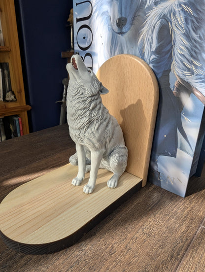 Howling Wolf Bookends | Resin Wolf Figures on Black Walnut Wood Bases | Direbound book ends