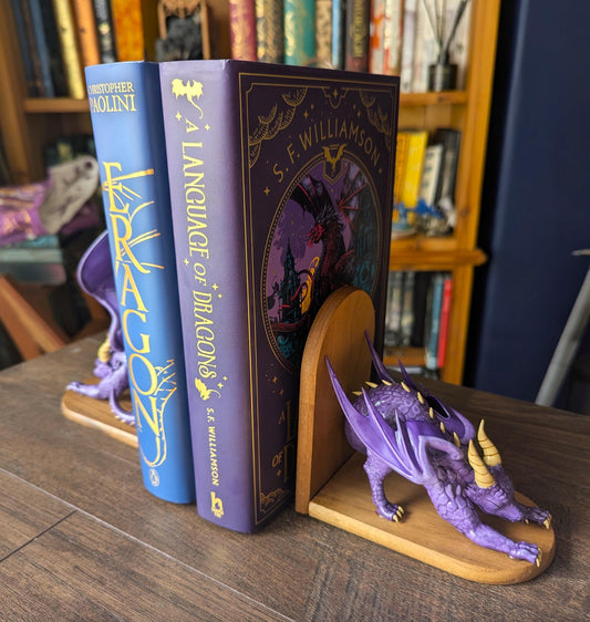 PURPLE Dragon Bookends | Cute Stretching Dragon Figures on Black Walnut Wood Bases | Fantasy Book Ends for Shelves & Book Lovers