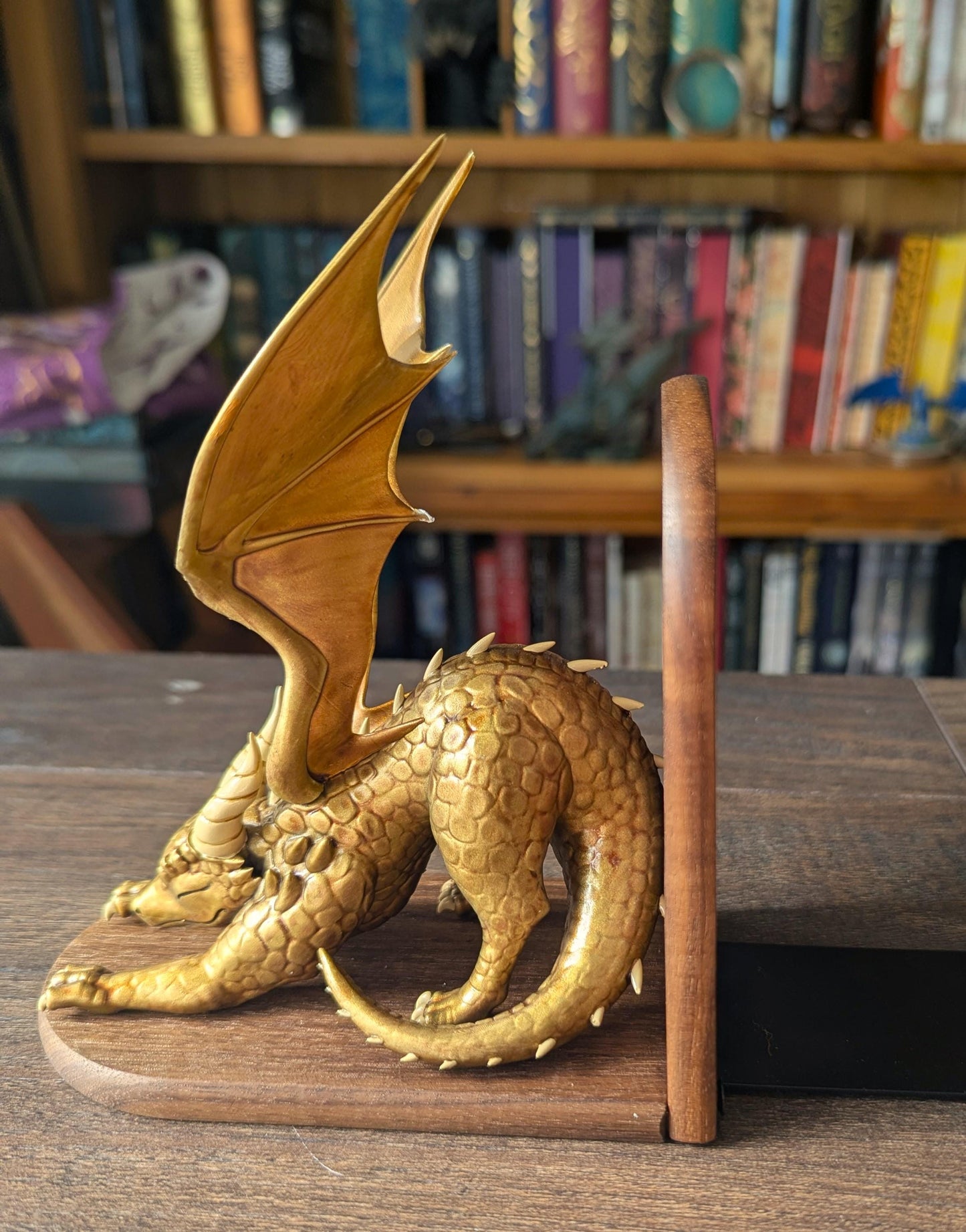 GOLD Dragon Bookends | Cute Stretching Dragon Figures on Black Walnut Wood Bases | Fantasy Book Ends for Shelves & Book Lovers