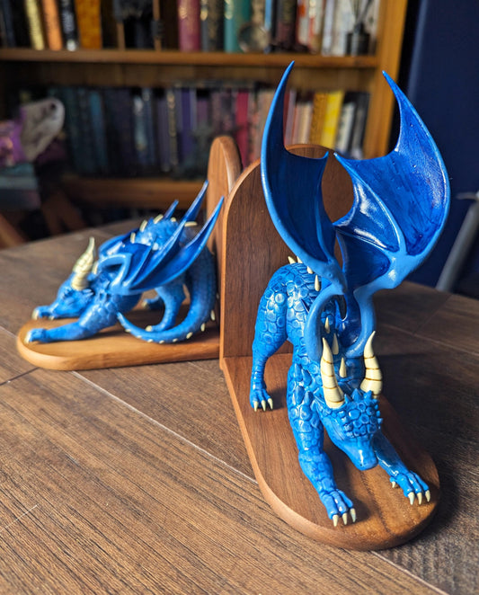 BLUE  Dragon Bookends | Cute Stretching Dragon Figures on Black Walnut Wood Bases | Fantasy Book Ends for Shelves & Book Lovers