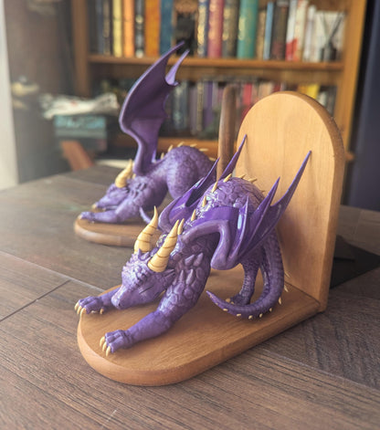 PURPLE Dragon Bookends | Cute Stretching Dragon Figures on Black Walnut Wood Bases | Fantasy Book Ends for Shelves & Book Lovers