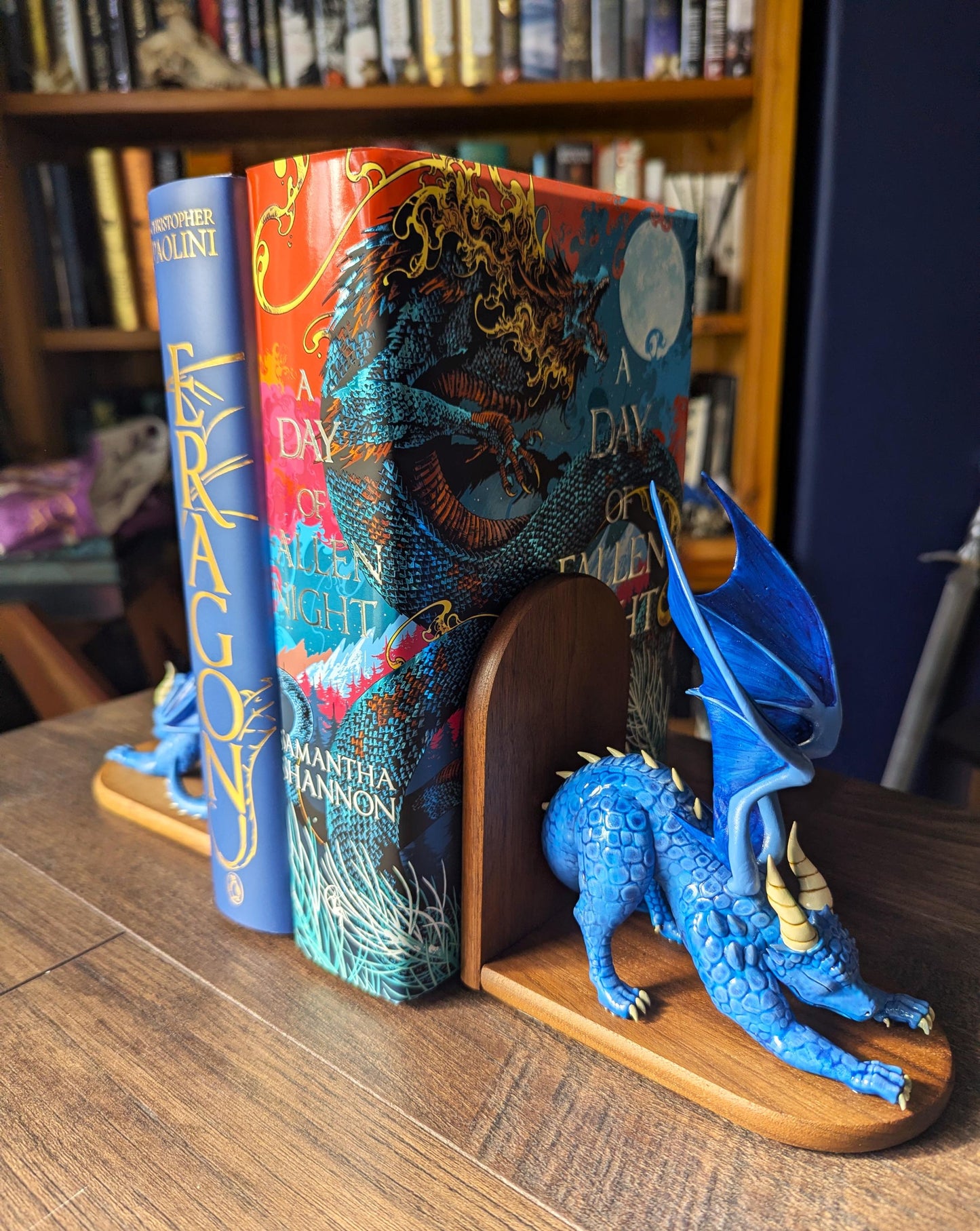 BLUE  Dragon Bookends | Cute Stretching Dragon Figures on Black Walnut Wood Bases | Fantasy Book Ends for Shelves & Book Lovers