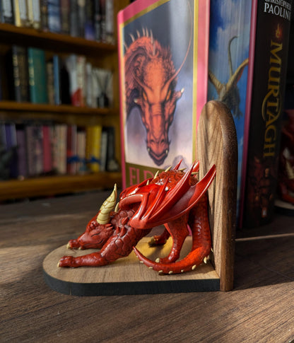 RED Dragon Bookends | Cute Stretching Dragon Figures on Black Walnut Wood Bases | Fantasy Book Ends for Shelves & Book Lovers