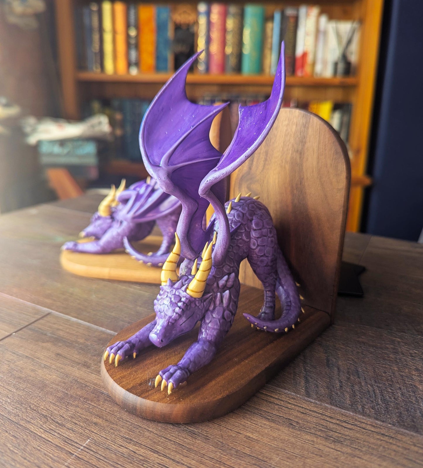 PURPLE Dragon Bookends | Cute Stretching Dragon Figures on Black Walnut Wood Bases | Fantasy Book Ends for Shelves & Book Lovers