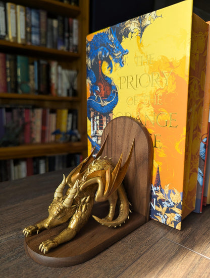 GOLD Dragon Bookends | Cute Stretching Dragon Figures on Black Walnut Wood Bases | Fantasy Book Ends for Shelves & Book Lovers