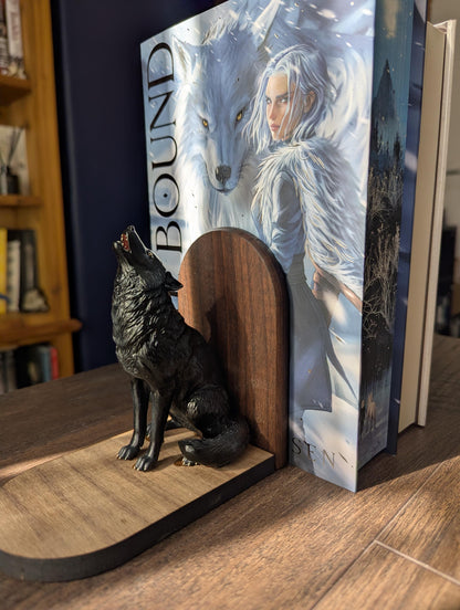 Howling Wolf Bookends | Resin Wolf Figures on Black Walnut Wood Bases | Direbound book ends